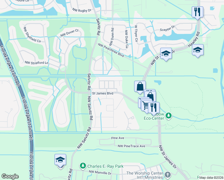 map of restaurants, bars, coffee shops, grocery stores, and more near 6099 Northwest Helmsdale Way in Port St. Lucie