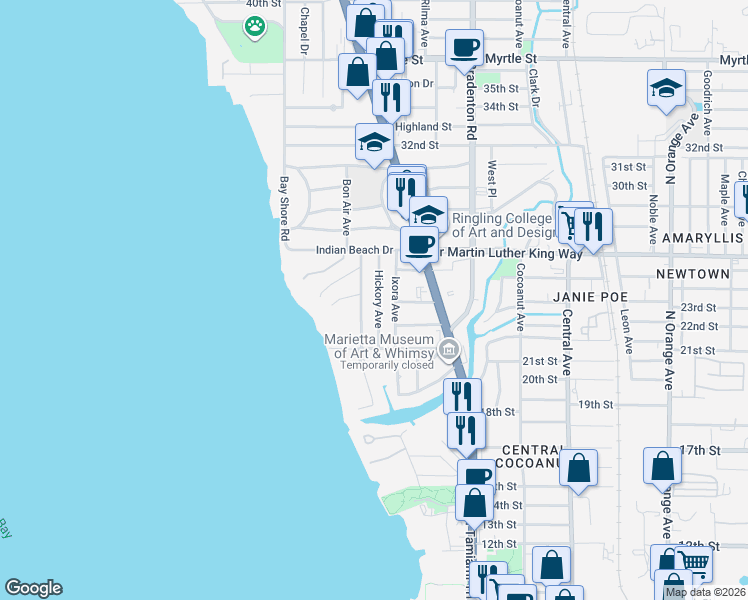 map of restaurants, bars, coffee shops, grocery stores, and more near 2441 Hickory Avenue in Sarasota