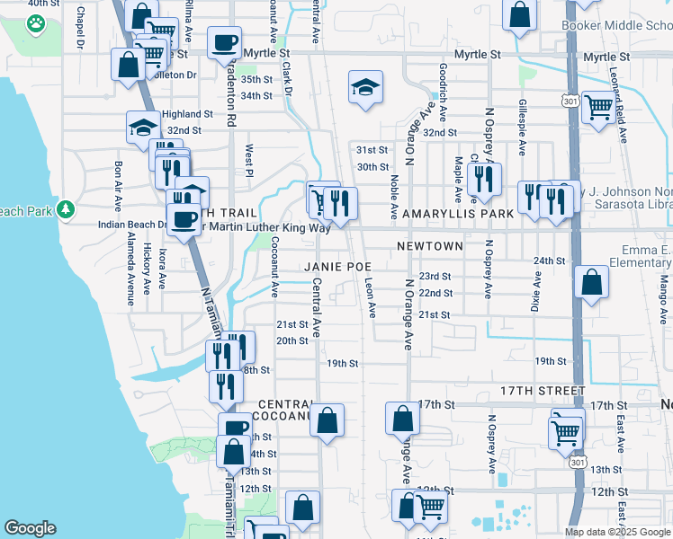 map of restaurants, bars, coffee shops, grocery stores, and more near 1426 25th Street in Sarasota