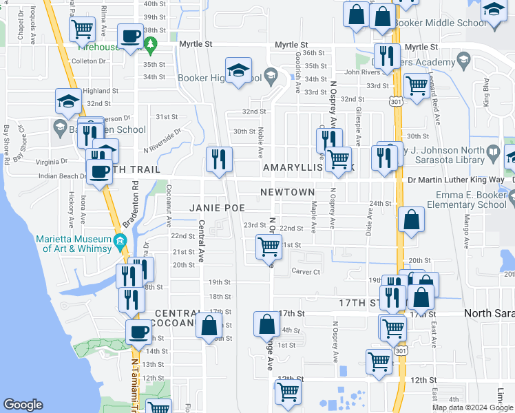 map of restaurants, bars, coffee shops, grocery stores, and more near 1570 25th Street in Sarasota