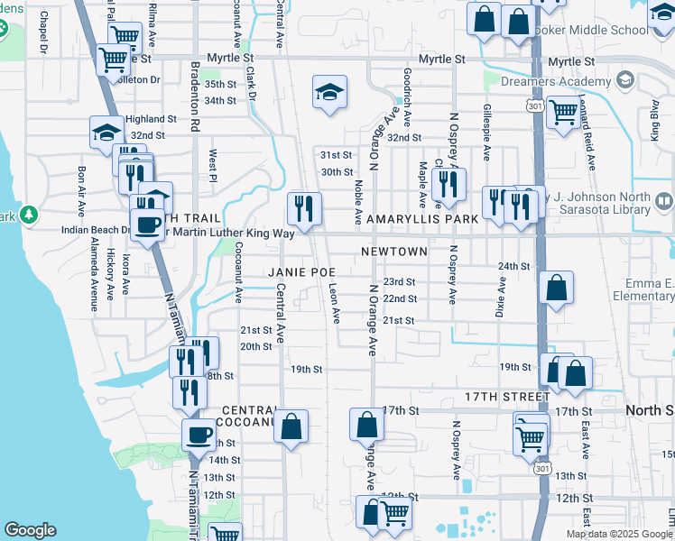 map of restaurants, bars, coffee shops, grocery stores, and more near 2424 Leon Avenue in Sarasota
