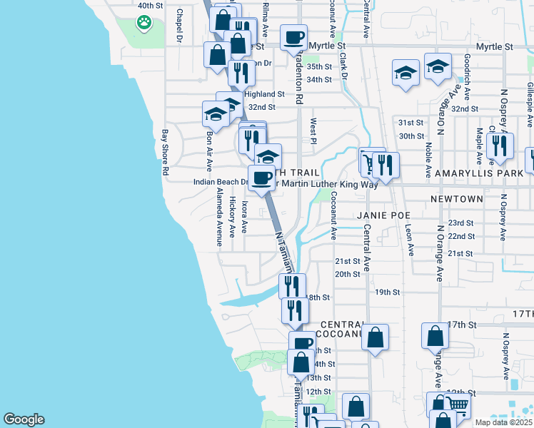 map of restaurants, bars, coffee shops, grocery stores, and more near 2436 Ixora Avenue in Sarasota