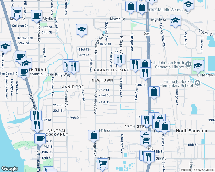 map of restaurants, bars, coffee shops, grocery stores, and more near 1719 24th Street in Sarasota