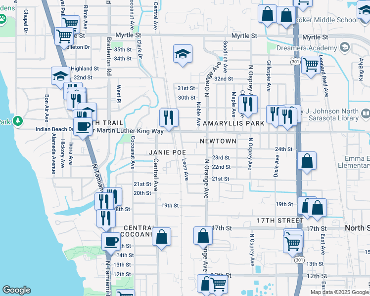 map of restaurants, bars, coffee shops, grocery stores, and more near 2424 Leon Avenue in Sarasota