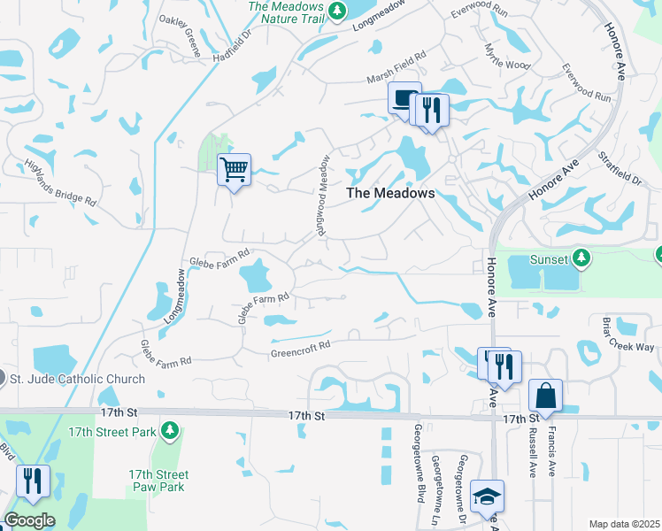map of restaurants, bars, coffee shops, grocery stores, and more near 4871 Winslow Beacon in Sarasota