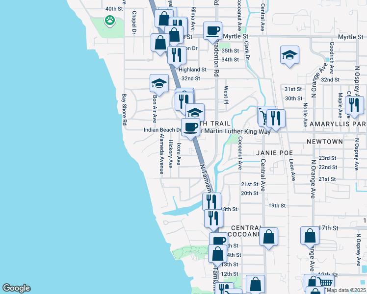 map of restaurants, bars, coffee shops, grocery stores, and more near 2436 Ixora Avenue in Sarasota