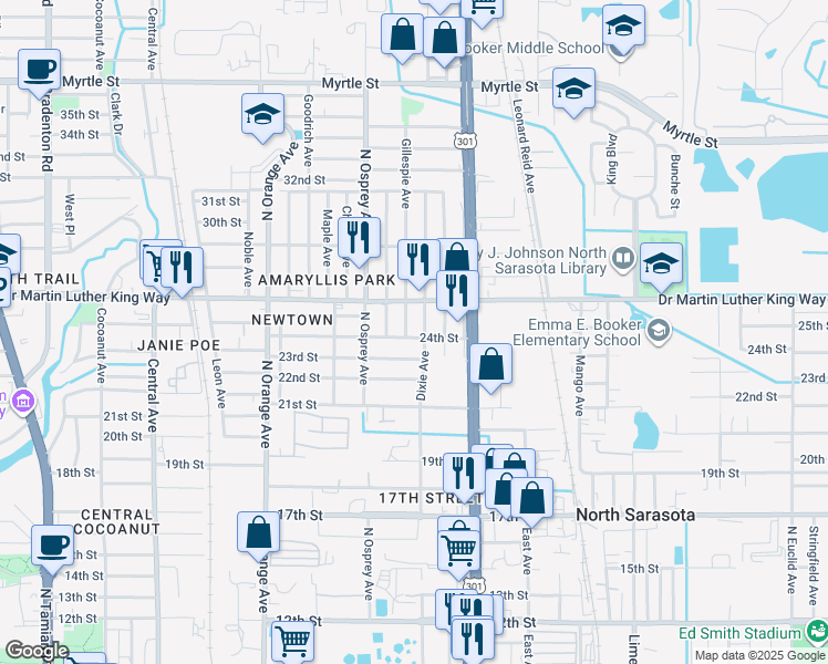 map of restaurants, bars, coffee shops, grocery stores, and more near 1903 24th Street in Sarasota