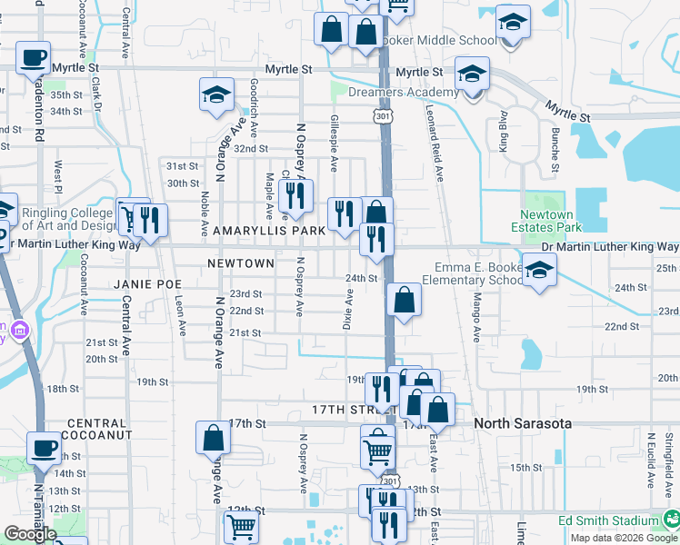 map of restaurants, bars, coffee shops, grocery stores, and more near 1903 24th Street in Sarasota