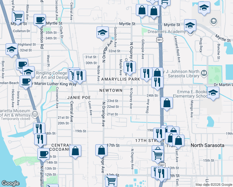 map of restaurants, bars, coffee shops, grocery stores, and more near 1719 24th Street in Sarasota