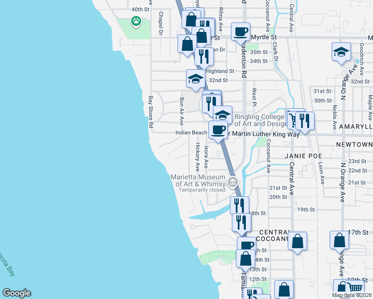 map of restaurants, bars, coffee shops, grocery stores, and more near 2445 Alameda Avenue in Sarasota