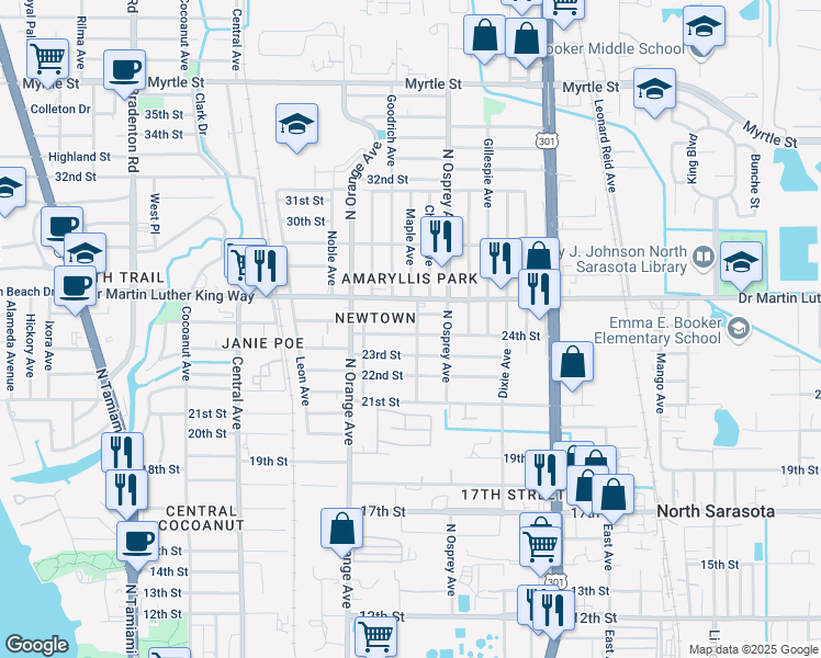 map of restaurants, bars, coffee shops, grocery stores, and more near 1719 24th St in Sarasota