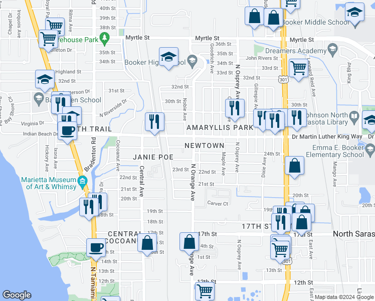 map of restaurants, bars, coffee shops, grocery stores, and more near 1570 25th St in Sarasota