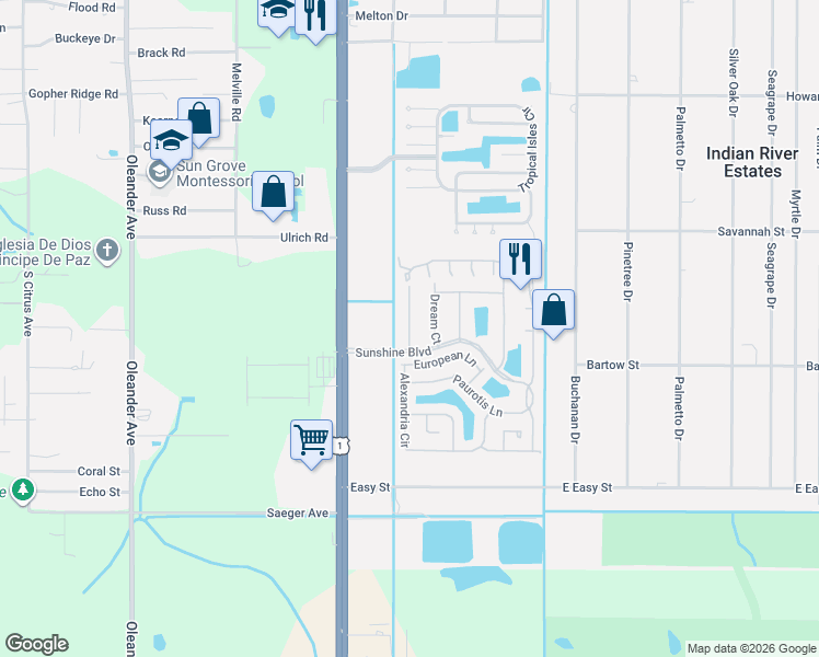 map of restaurants, bars, coffee shops, grocery stores, and more near 5831 Moss Court in Fort Pierce