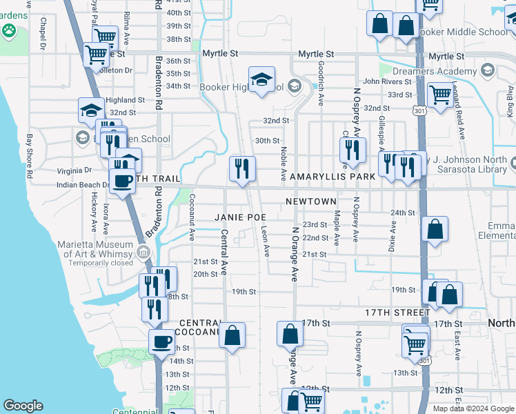 map of restaurants, bars, coffee shops, grocery stores, and more near 2424 Leon Avenue in Sarasota