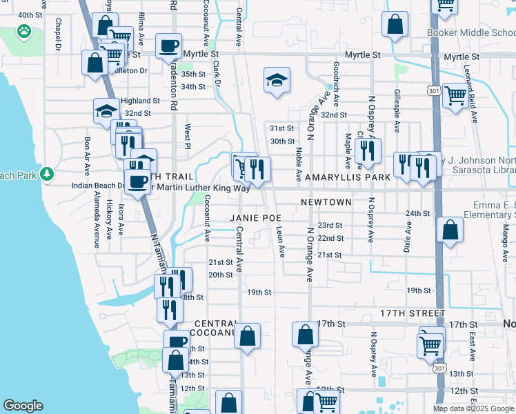 map of restaurants, bars, coffee shops, grocery stores, and more near 1426 25th Street in Sarasota