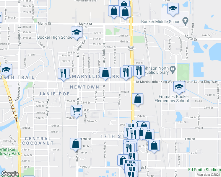 map of restaurants, bars, coffee shops, grocery stores, and more near 1903 24th Street in Sarasota