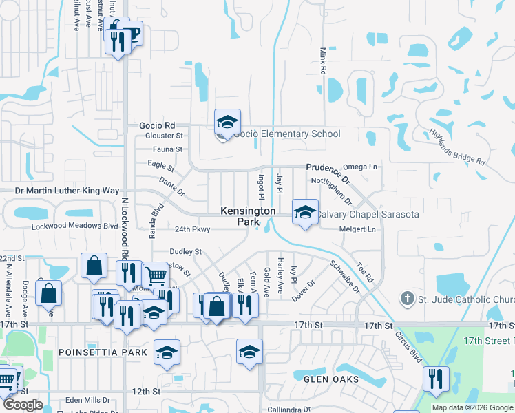 map of restaurants, bars, coffee shops, grocery stores, and more near 2706 Ingot Place in Sarasota