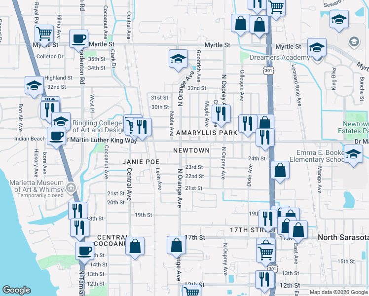 map of restaurants, bars, coffee shops, grocery stores, and more near in Sarasota