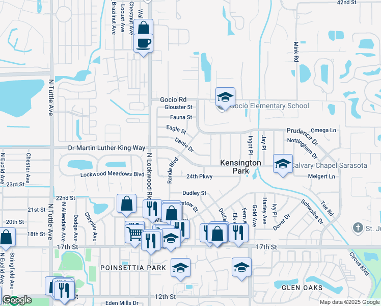 map of restaurants, bars, coffee shops, grocery stores, and more near 3408 Dante Drive in Sarasota