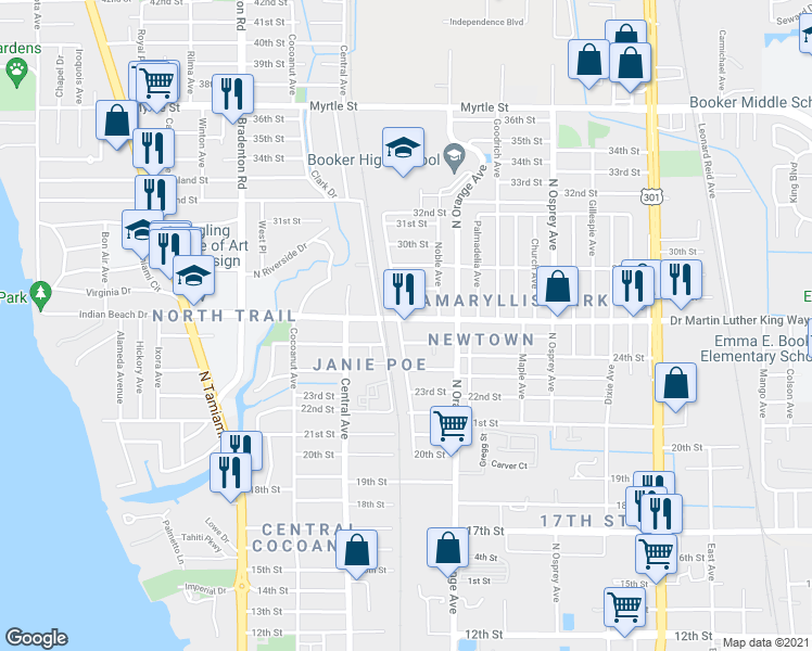 map of restaurants, bars, coffee shops, grocery stores, and more near 1512 Dr Martin Luther King Way in Sarasota