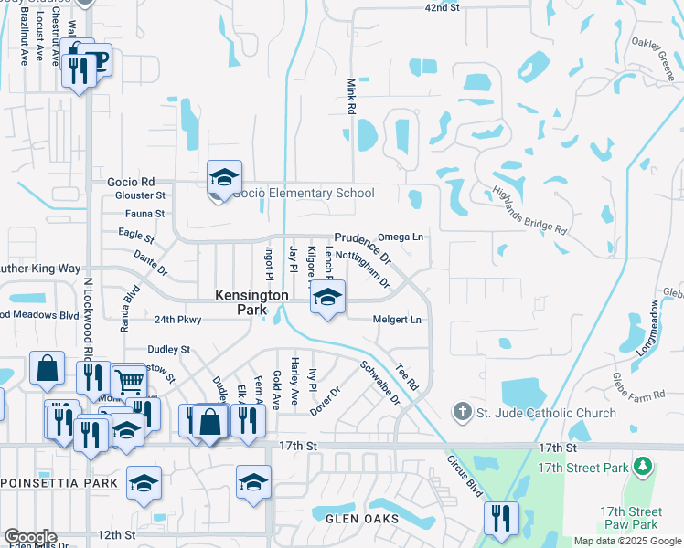 map of restaurants, bars, coffee shops, grocery stores, and more near 3812 Nottingham Drive in Sarasota