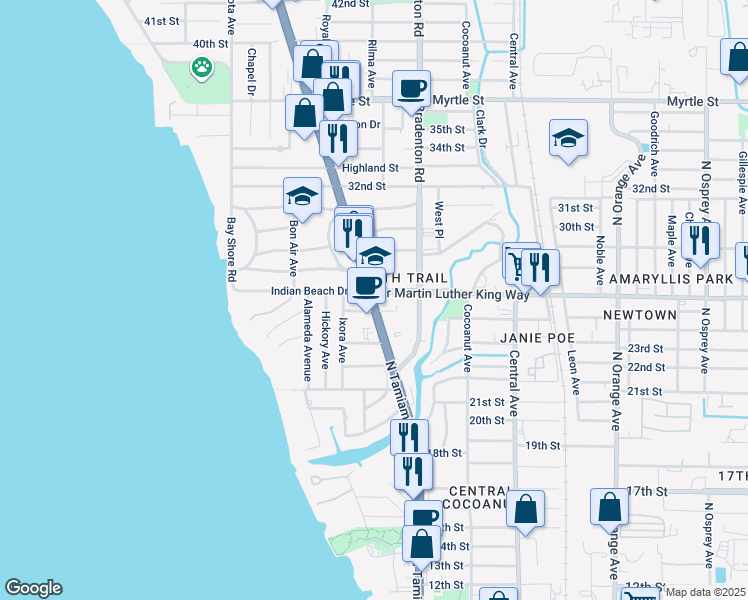 map of restaurants, bars, coffee shops, grocery stores, and more near 2705 North Tamiami Trail in Sarasota