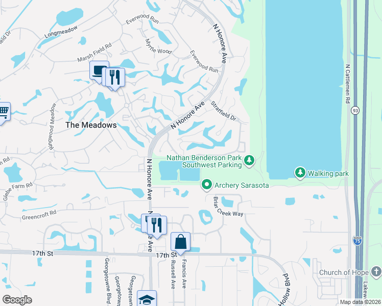 map of restaurants, bars, coffee shops, grocery stores, and more near 5473 Downham Meadows in Sarasota