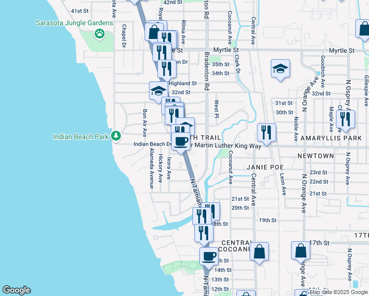 map of restaurants, bars, coffee shops, grocery stores, and more near 2705 North Tamiami Trail in Sarasota