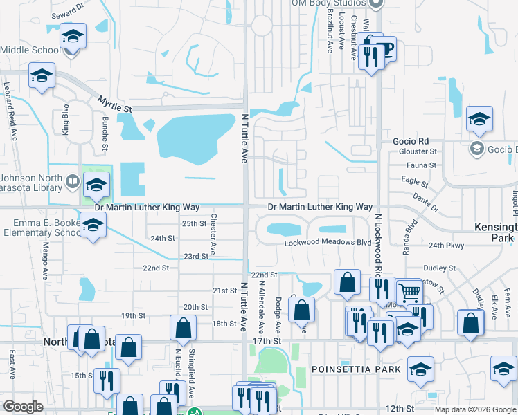 map of restaurants, bars, coffee shops, grocery stores, and more near 2800 Rockwood Cove in Sarasota