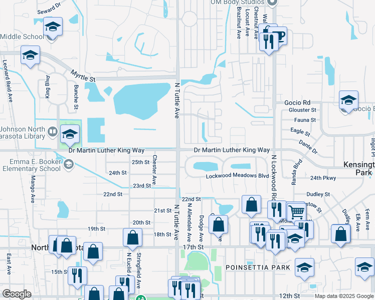map of restaurants, bars, coffee shops, grocery stores, and more near 2800 Rockwood Cove in Sarasota