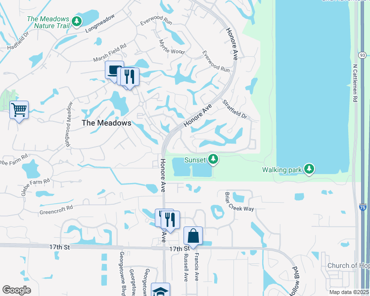 map of restaurants, bars, coffee shops, grocery stores, and more near 5401 Downham Mdw in Sarasota