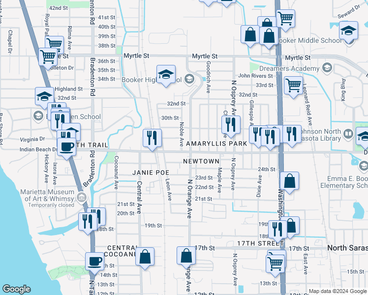 map of restaurants, bars, coffee shops, grocery stores, and more near 2700 Noble Avenue in Sarasota