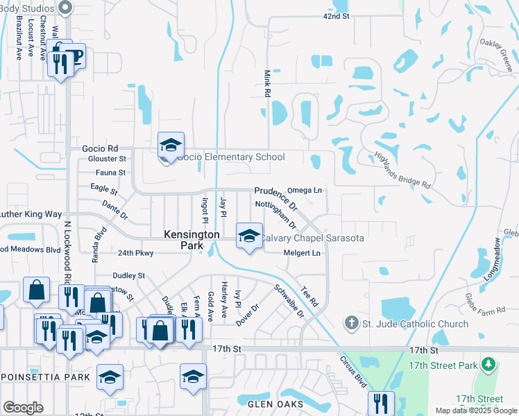 map of restaurants, bars, coffee shops, grocery stores, and more near 3812 Nottingham Drive in Sarasota