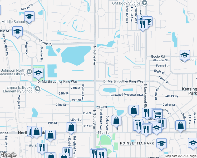 map of restaurants, bars, coffee shops, grocery stores, and more near 2800 Rockwood Cove in Sarasota