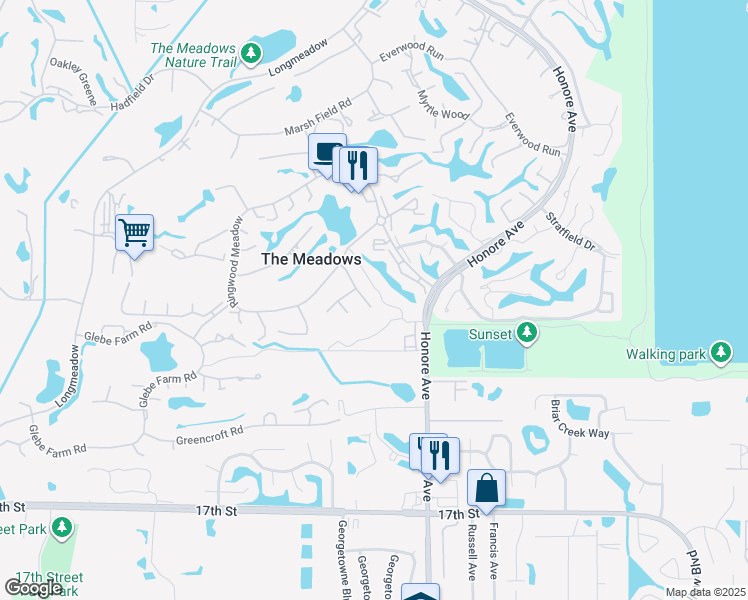 map of restaurants, bars, coffee shops, grocery stores, and more near 3132 Heatherwood Lane in Sarasota