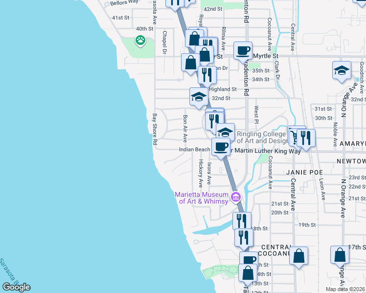 map of restaurants, bars, coffee shops, grocery stores, and more near 2707 Bon Air Avenue in Sarasota