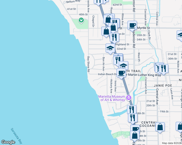 map of restaurants, bars, coffee shops, grocery stores, and more near 2704 Bay Shore Road in Sarasota