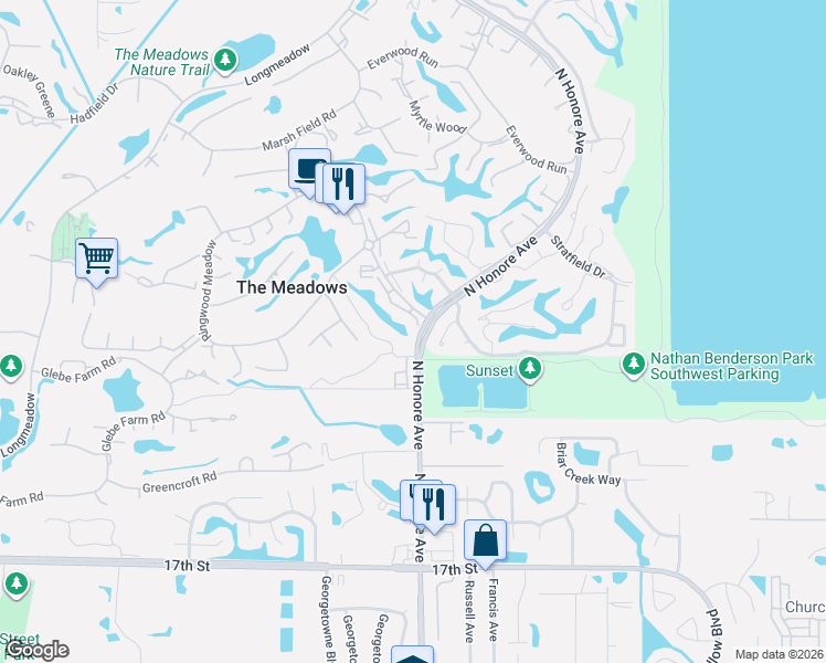 map of restaurants, bars, coffee shops, grocery stores, and more near 2809 Taywood Mdw in Sarasota
