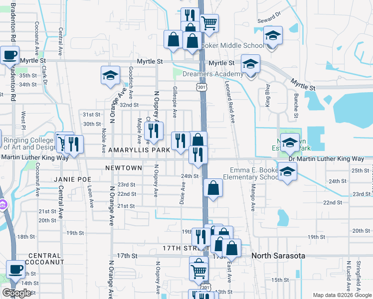 map of restaurants, bars, coffee shops, grocery stores, and more near 1963 Doctor Martin Luther King Way in Sarasota