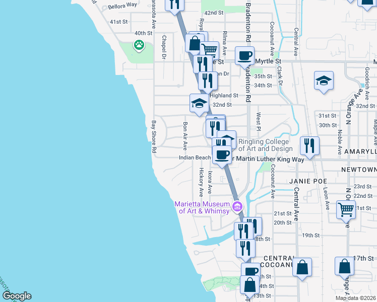 map of restaurants, bars, coffee shops, grocery stores, and more near 2707 Bon Air Avenue in Sarasota