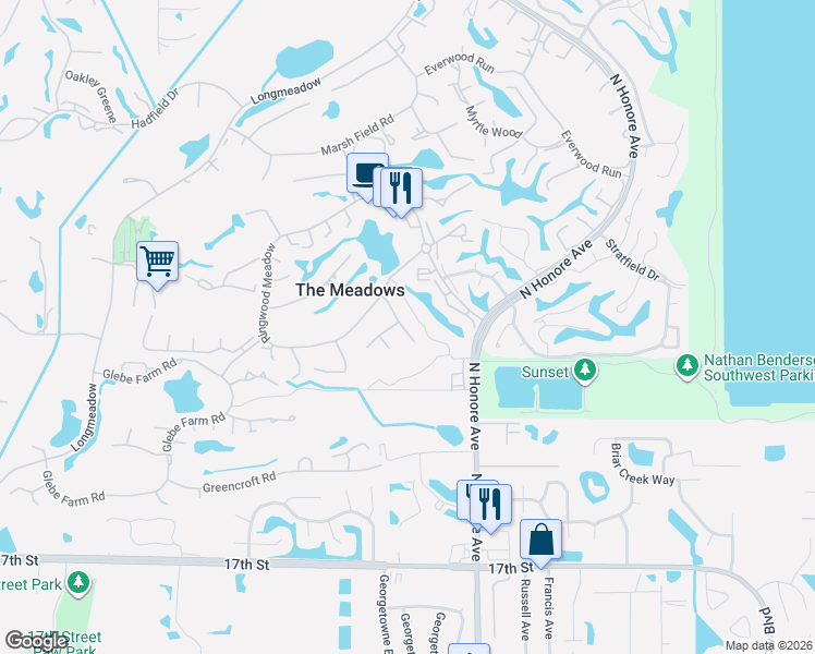 map of restaurants, bars, coffee shops, grocery stores, and more near 3132 Heatherwood Lane in Sarasota