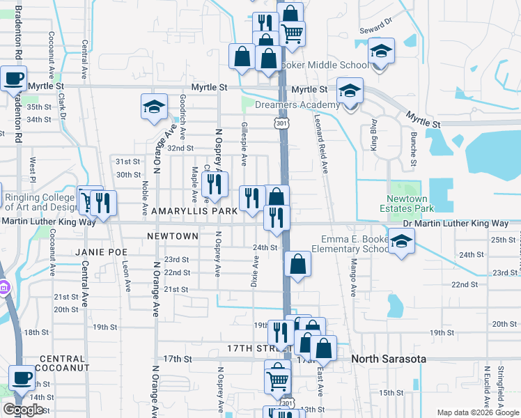 map of restaurants, bars, coffee shops, grocery stores, and more near 1963 Doctor Martin Luther King Way in Sarasota
