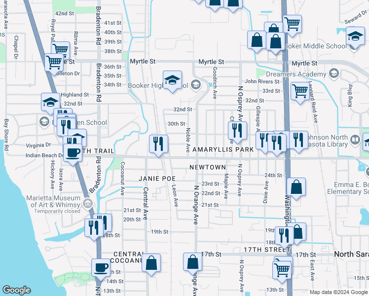 map of restaurants, bars, coffee shops, grocery stores, and more near 2700 Noble Avenue in Sarasota
