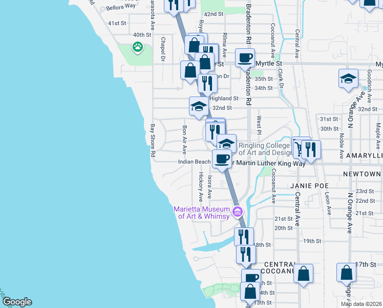 map of restaurants, bars, coffee shops, grocery stores, and more near 915 Indian Beach Drive in Sarasota