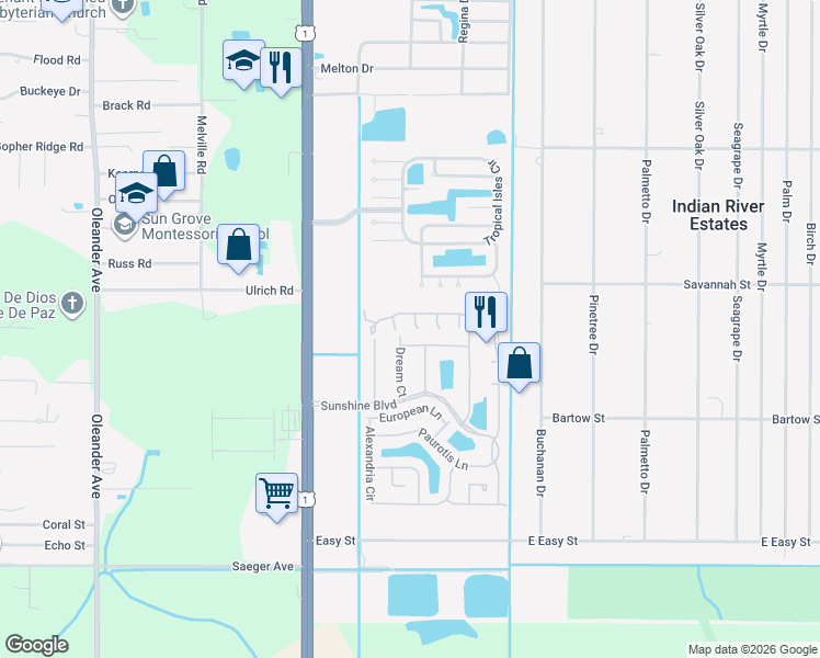 map of restaurants, bars, coffee shops, grocery stores, and more near 5713 Dwarf Lady Place in Fort Pierce