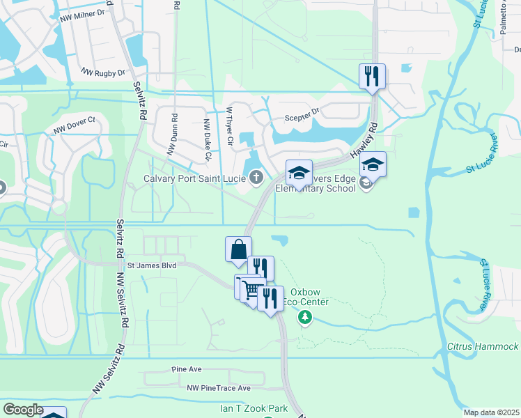 map of restaurants, bars, coffee shops, grocery stores, and more near Northeast Saint James Drive in Port St. Lucie