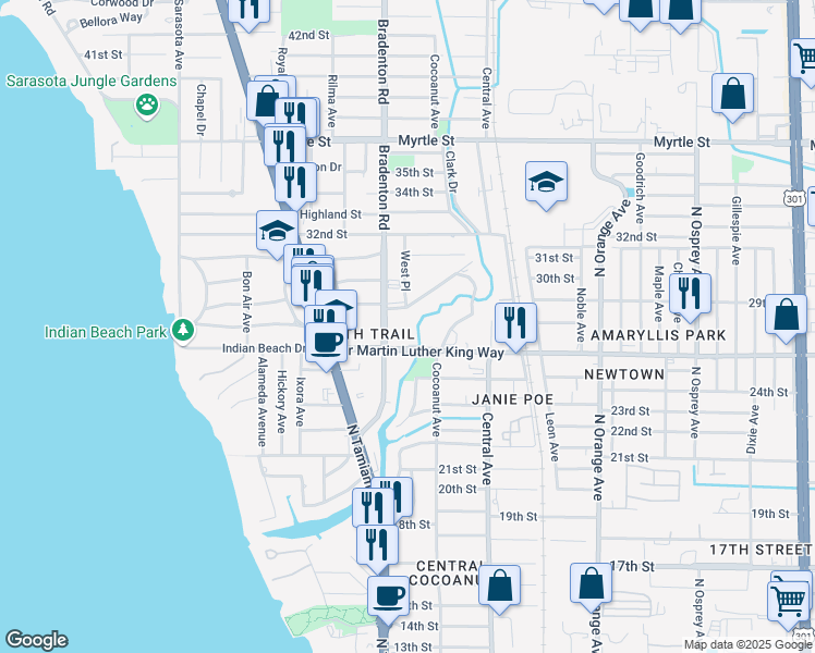 map of restaurants, bars, coffee shops, grocery stores, and more near 2736 Bradenton Road in Sarasota