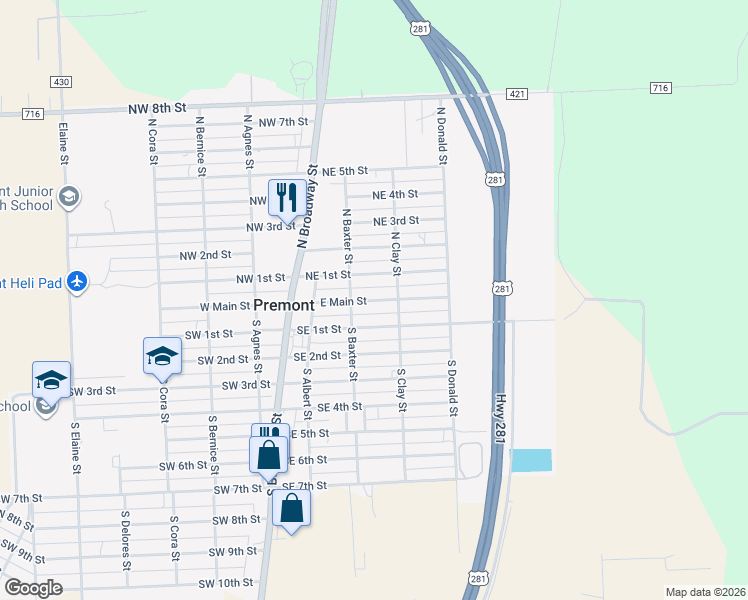 map of restaurants, bars, coffee shops, grocery stores, and more near 334 Northeast 1st Street in Premont