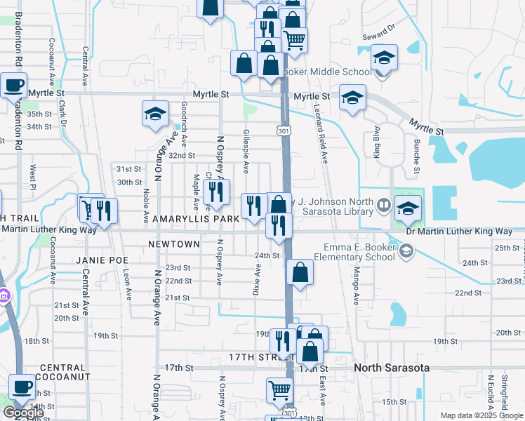map of restaurants, bars, coffee shops, grocery stores, and more near 2834 Pershing Avenue in Sarasota
