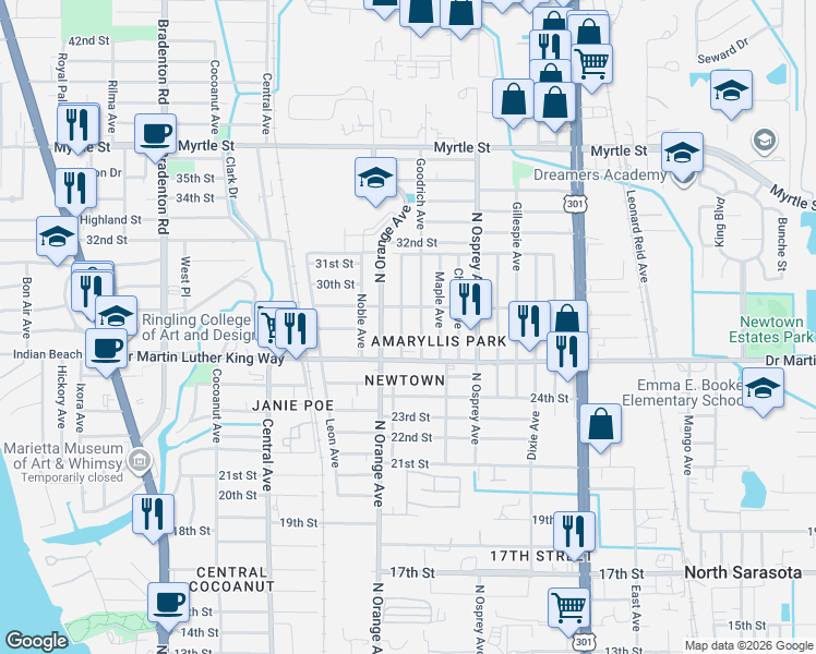 map of restaurants, bars, coffee shops, grocery stores, and more near 1648 29th Street in Sarasota